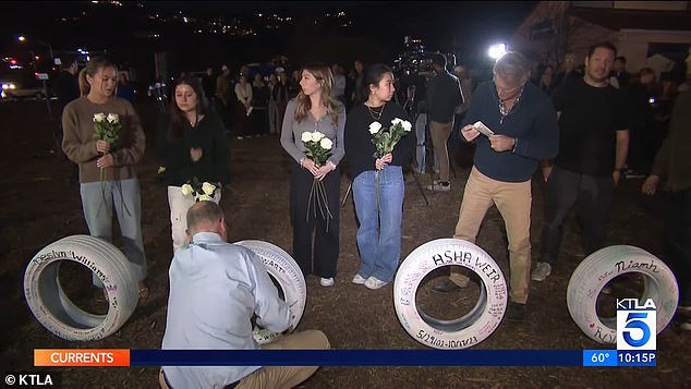 Loved ones gathered along the Pacific Coast Highway Tuesday evening to honor the four Pepperdine College students killed last month