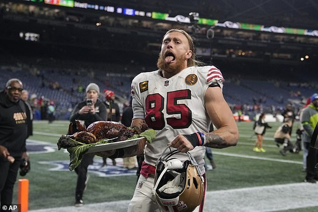 George Kittle rushed to the locker room after stealing NBC's turkey on Thursday