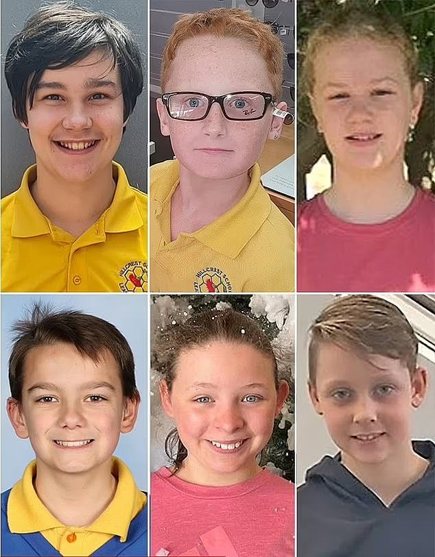 Hillcrest Primary School pupils Zane Mellor, 12, Peter Dodt, Addison Stewart, Chace Harrison, Jalailah Jayne-Maree Jones and Jye Sheehan (pictured clockwise from top left) died in the bouncy castle tragedy