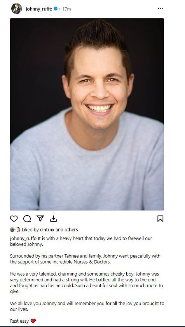 Home and Away star Johnny Ruffo has died at the age of 35 after a long battle with brain cancer.  The heartbreaking news was announced on his Instagram page on Friday