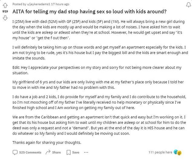 A man, 25, turned to Reddit for advice after his father, 52, resisted his son's request not to have loud sex while his grandchildren were awake and within earshot in their shared home