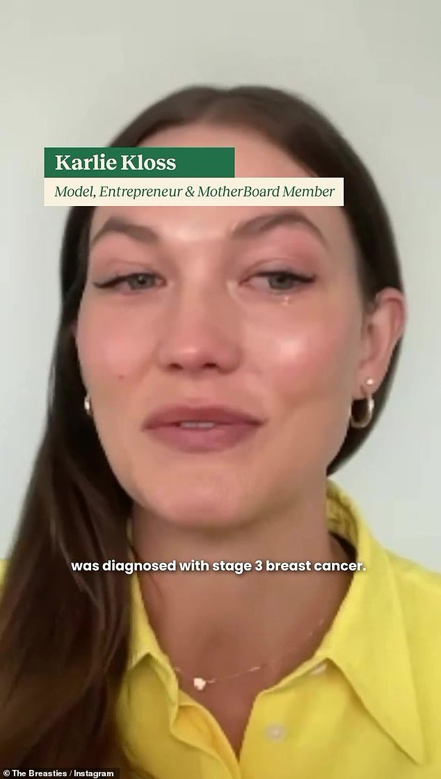 Emotional: Karlie Kloss broke down in tears while discussing her breast cancer survivor mother, Tracy Kloss, as she joined other survivors in an Instagram clip