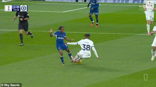 Destiny Udogie could have been shown a red card in the opening twenty minutes of Chelsea's 4-1 win over Tottenham for this challenge on Raheem Sterling
