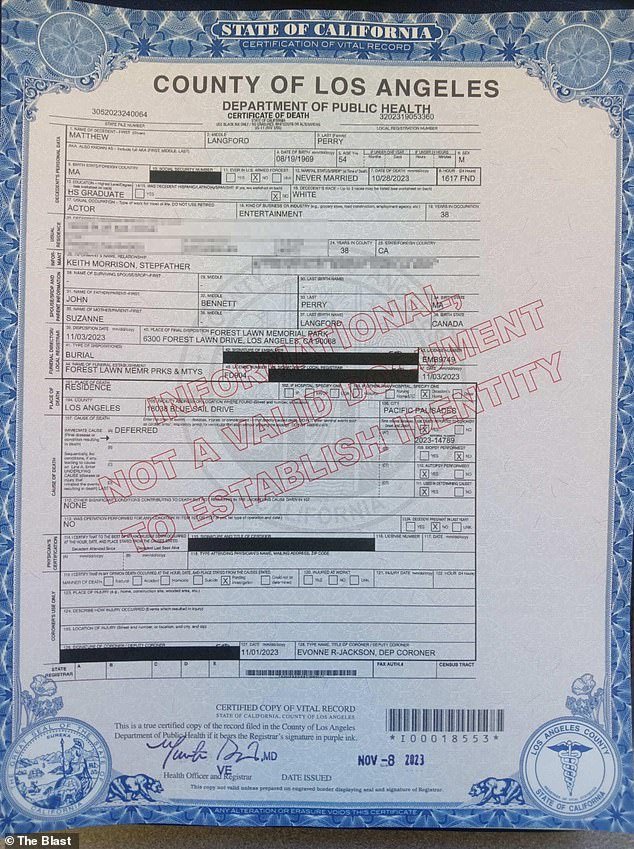 Matthew Perrys death certificate REVEALED Actors official cause of death