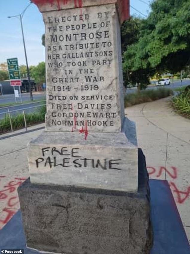 The Montrose Memorial in Melbourne's far east was defaced on Friday evening with slogans such as 'Stop the genocide in Gaza', 'Shame Israel, USA, UK, Australia' and 'Free Palestine' (photo)
