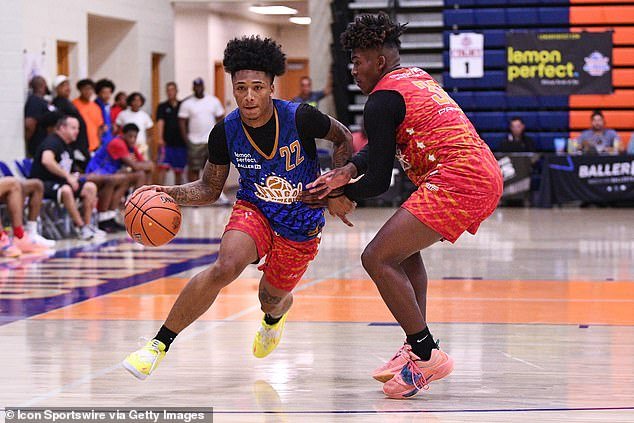 Mikey Williams drives to the basket during the Pangos All-American Camp on June 6, 2022
