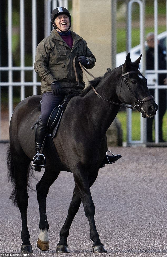 Prince Andrew appeared cheerful yesterday as he left the Royal Lodge in Windsor for a horse riding tour