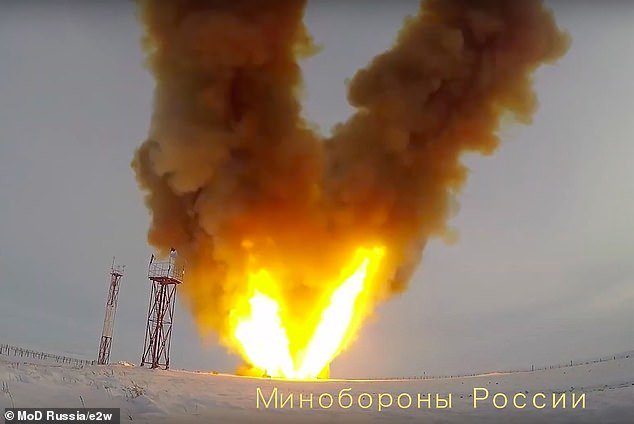 The video shows the Avangard rocket being fired upwards after being taken to a launch site