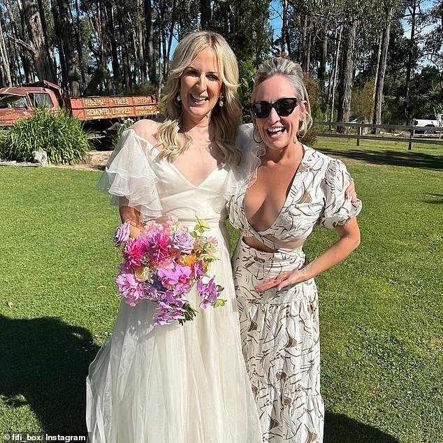 Radio star Fifi Box put the bride in the spotlight as she attended her friend's wedding this weekend in a VERY low-cut dress