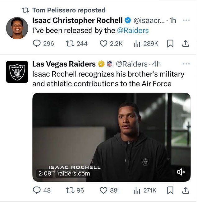 The Raiders shot DE Isaac Rochell, 28, after he saluted his brother's military service on Tuesday, X