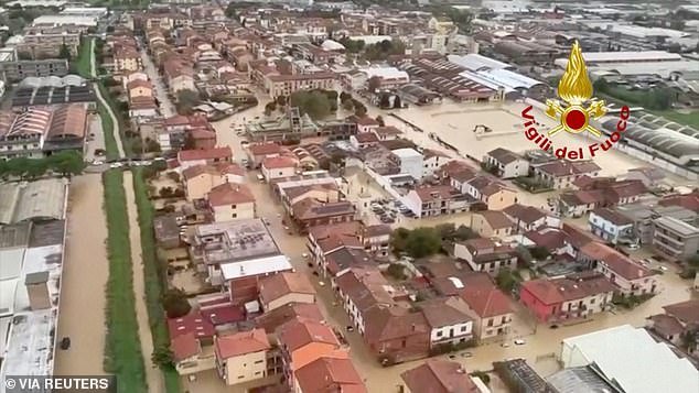 An aerial photo shows flooding after heavy rain in Prato, Tuscany, Italy on November 3, 2023