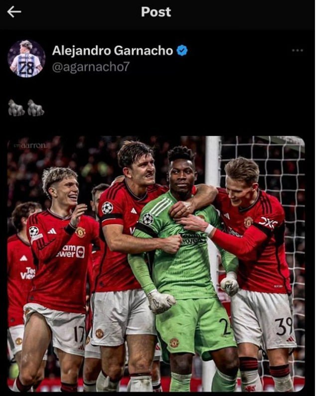 Garnacho posted about teammate Andre Onana and added two gorilla emojis