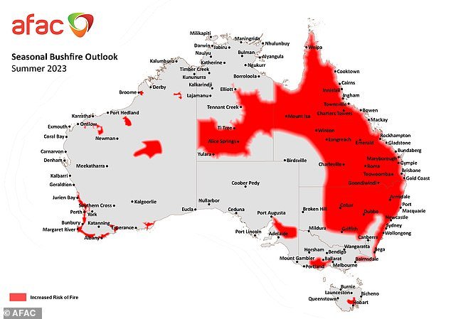 A map of Australia's most bushfire-affected areas (pictured) shows the country is in for a summer to rival that of the destructive Black Summer of 2019-2020.