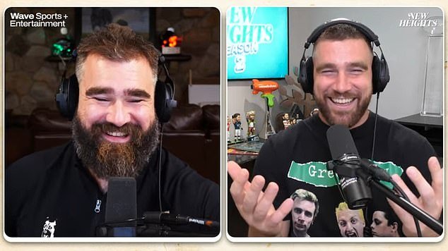 Jason Kelce (L) was mildly bullied by his brother Travis (R) in the latest episode of 'New Heights'