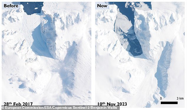 This photo shows Cadman Glacier before and after the collapse of its ice shelf - the part at the end of the glacier where the ice extends into the sea.  The photo on the left was taken in February 2017;  The right photo was taken earlier this month