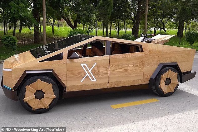The fully functional Cybertruck version was built in just 100 days and is made entirely of wood – except for the body and electronics