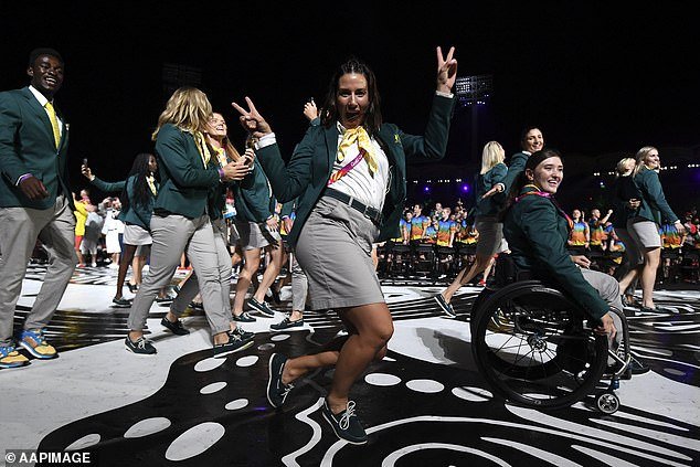 The Australian team enters the stadium during the opening ceremony of the XXI Commonwealth Games at Carrara Stadium in 2018