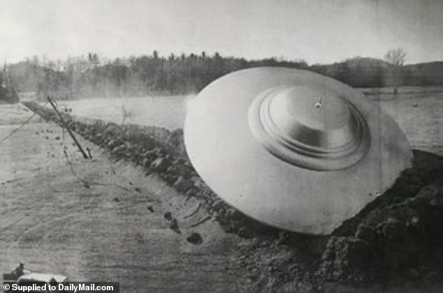 An artist's impression of the alleged 1933 UFO crash outside Magenta in northern Italy shows a saucer-shaped vehicle