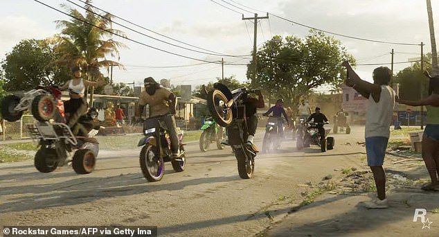 The GTA makers are already whetting the ravenous appetites of the millions of gamblers who will dutifully buy it.  Pictured: a scene of a motorcycle gang from the caravan