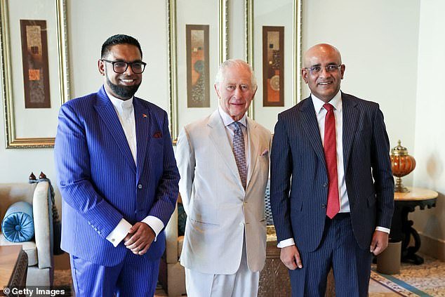 King Charles is seen with Guyana's President Irfaan Ali (left) and Vice President Bharrat Jagdeo at the COP28 Climate Change Summit in Dubai last week