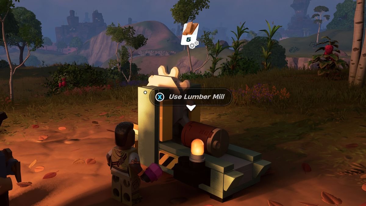 An explorer stands next to a sawmill and makes planks in Lego Fortnite.