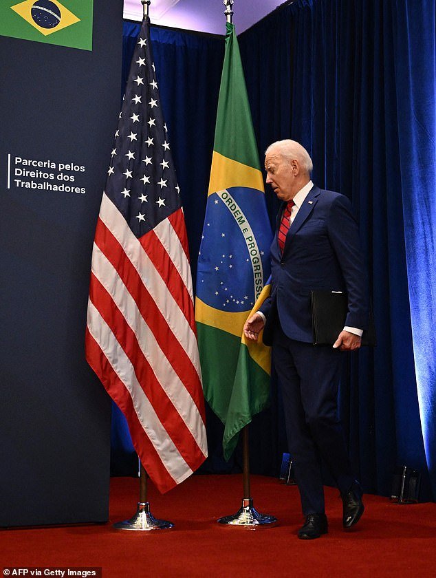 Joe Biden bumped into Brazil's flag, marking his first blunder seconds after appearing on stage at the UN General Assembly in September