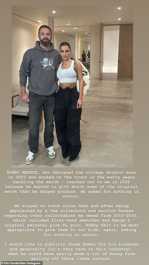 In her Instagram post, Kardashian, 43, thanked Bobby Naugle for reaching out to her and offering to send some old Kanye West merchandise to her daughter North and her other three children.