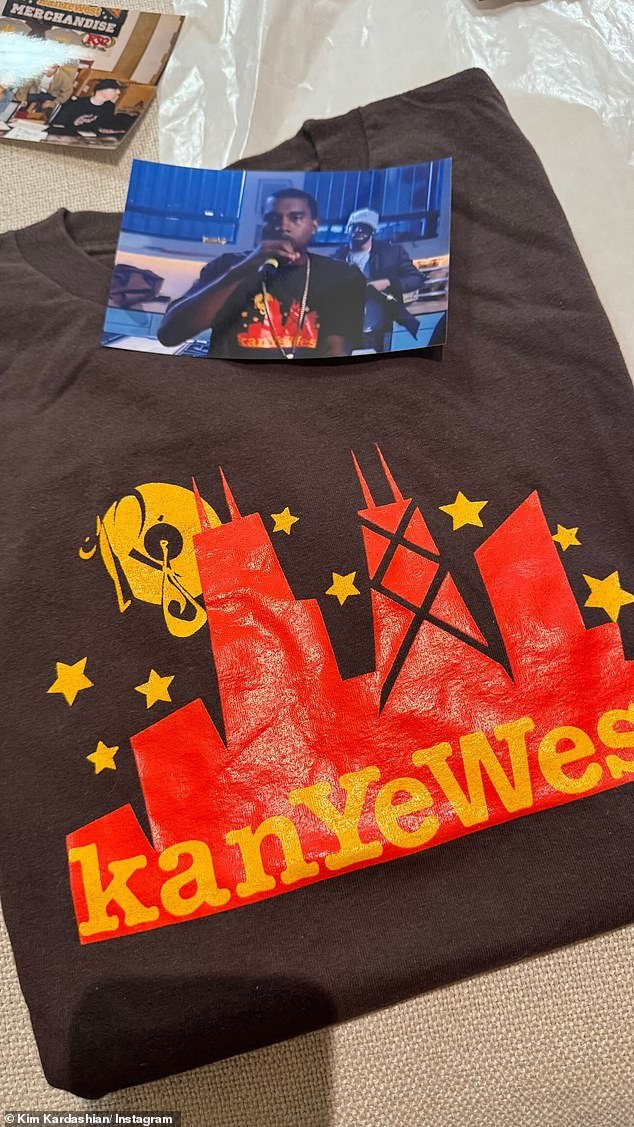 The reality star thanked Naugle for sending her some old Ye merchandise and then shared a photo of one of the rapper's old shirts, along with a photo of Ye wearing it back in the day.