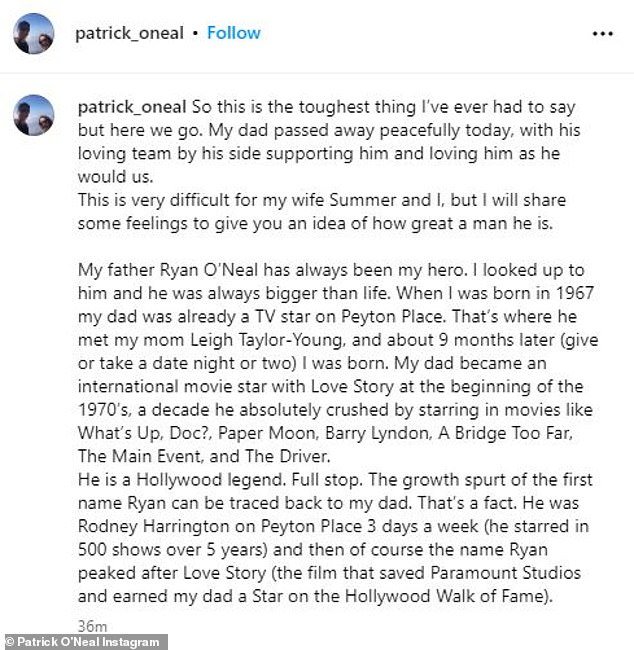 His son Patrick shared the sad news on social media on Friday afternoon.  “So this is the hardest thing I've ever had to say, but here we go,” he began.  “My father passed away peacefully today, with his loving team by his side, who supported him and loved him as he loved us.”