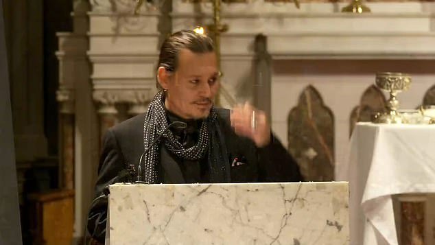 Johnny Depp is pictured giving a lecture at MacGowan's funeral on Friday afternoon