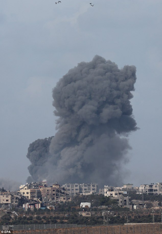 Smoke rises after an Israeli airstrike in Gaza's al-Shuja'ia district, seen from Nahal Oz, Israel on Saturday