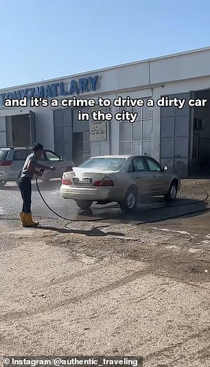 He also added: 'Ashgabat is known as the city of marble and every car must be white or silver and it is a crime to drive a dirty car in the city'