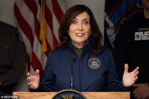 The bill was passed by Democrats last year in response to a Supreme Court ruling that declared previous concealed carry permit requirements unconstitutional.  Pictured: New York Governor Kathy Hochul