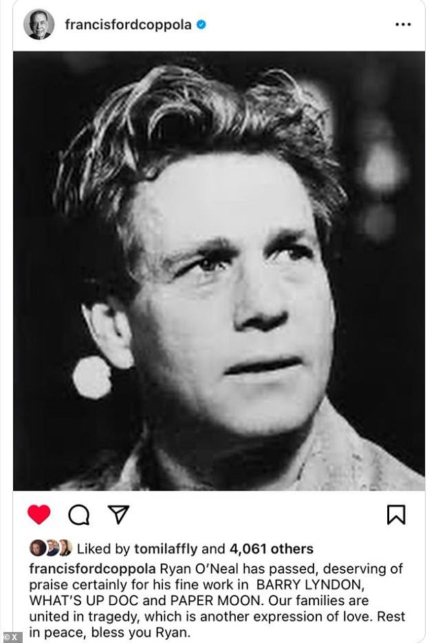 The Godfather director, 84, posted a photo of O'Neal from his heyday to complement his work in iconic films and recalled that they were both 