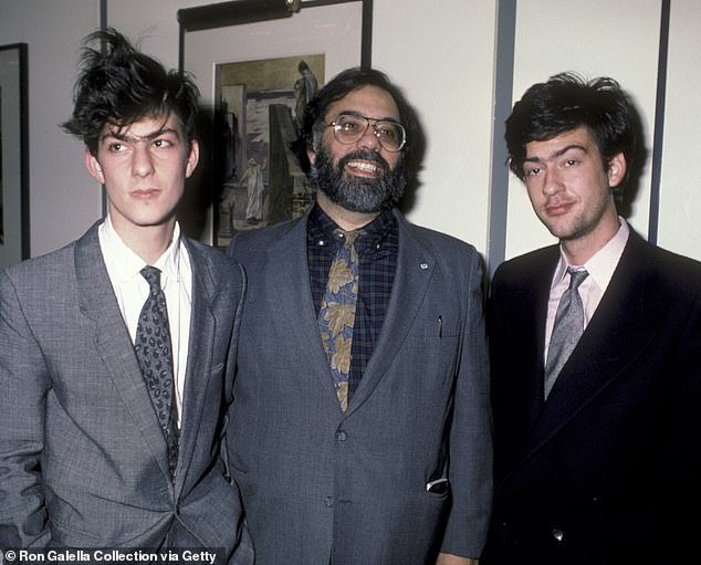 Gian-Carlo Coppola (r) was killed at the age of 23 while riding in a boat driven by Griffin O'Neal over Memorial Day weekend in 1986 while working on Gardens Of Stone with his father .  Pictured here in New York in January 1986 with Roman Coppola, (l) and Francis Ford Coppola