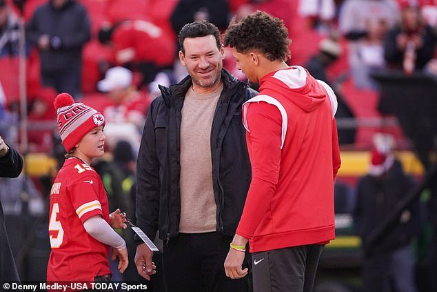 However, Tony Romo before the game called Swift - pictured with Patrick Mahomes - 'Kelce's wife'