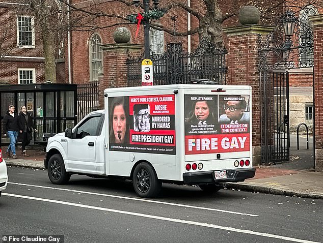 A billboard at Harvard University on Sunday demanded the ouster of President Claudine Gay