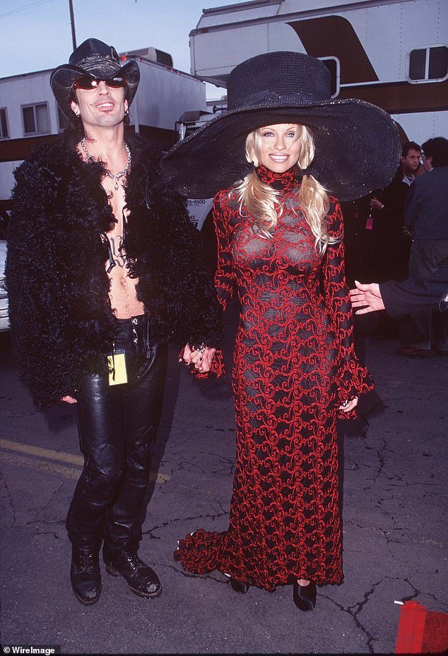 Lee is seen with Pamela Anderson, his third wife.  They were married from 1995 to 1998.  He married influencer Brittany Furlan, 37, in 2019