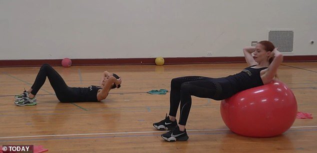 Crunches (pictured) are the second to last in their routine.  Start by lying on your back with both knees bent and your feet flat on the floor