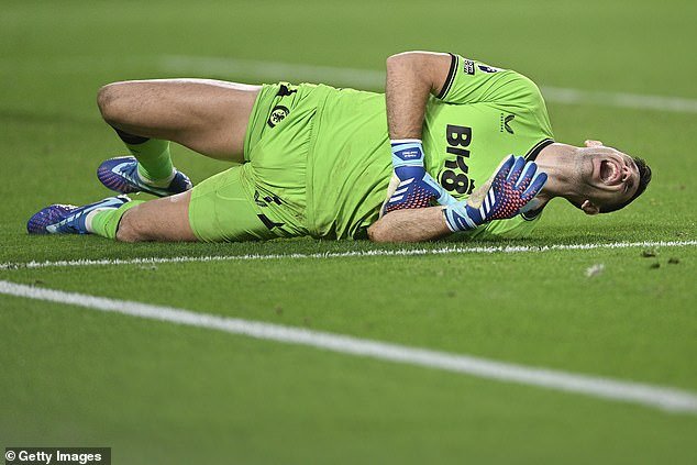 The Villa goalkeeper threw himself to the ground after being attacked by the Brentford striker