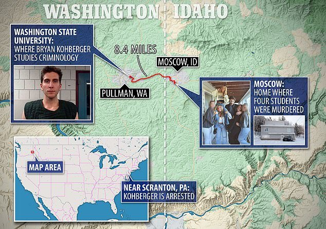 Kohberger was arrested about 2,300 miles from the crime scene in Pennsylvania.  He went to college in nearby Washington state