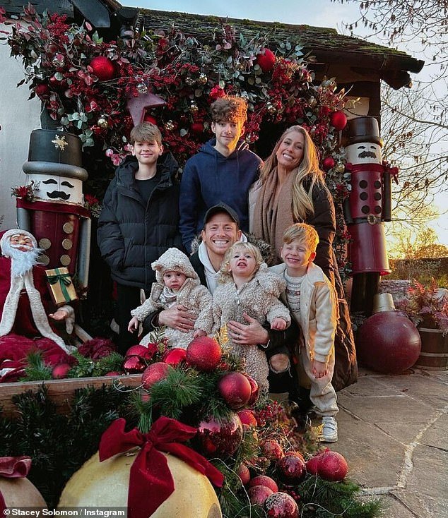 Stacey will spend Christmas with husband Joe Swash, 41, and their children Rex, four, Rose, two, and Belle, seven months, and sons Zachary, 15, and Leighton, 11, from previous relationships (clockwise from top left: Leighton , Zachary , Stacey, Ex, Rose and Belle)