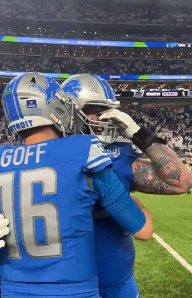 Taylor Decker was comforted by Jared Goff as he appeared to become emotional after the win