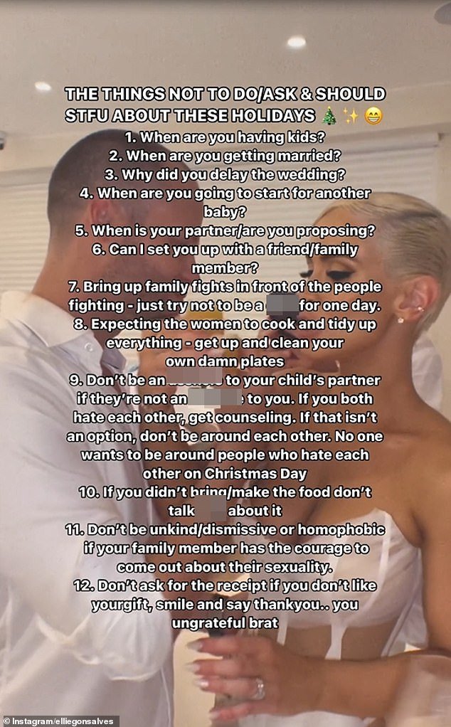 And on Christmas Day, the model and actress shared a list of things not to ask and say at Christmas, including questions not to ask childless women