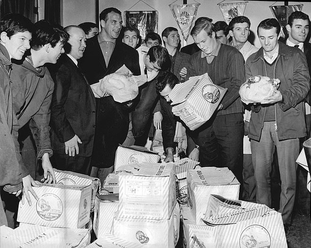 Cardiff City players saved some money in 1964 when they were donated their turkeys by the club's then chairman, Fred Dewey (John Charles pictured fourth left with his turkey)