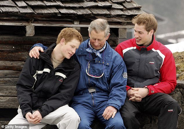 Prince Charles poses with his sons during the royal family's skiing holiday in Klosters on March 31, 2005 in Switzerland