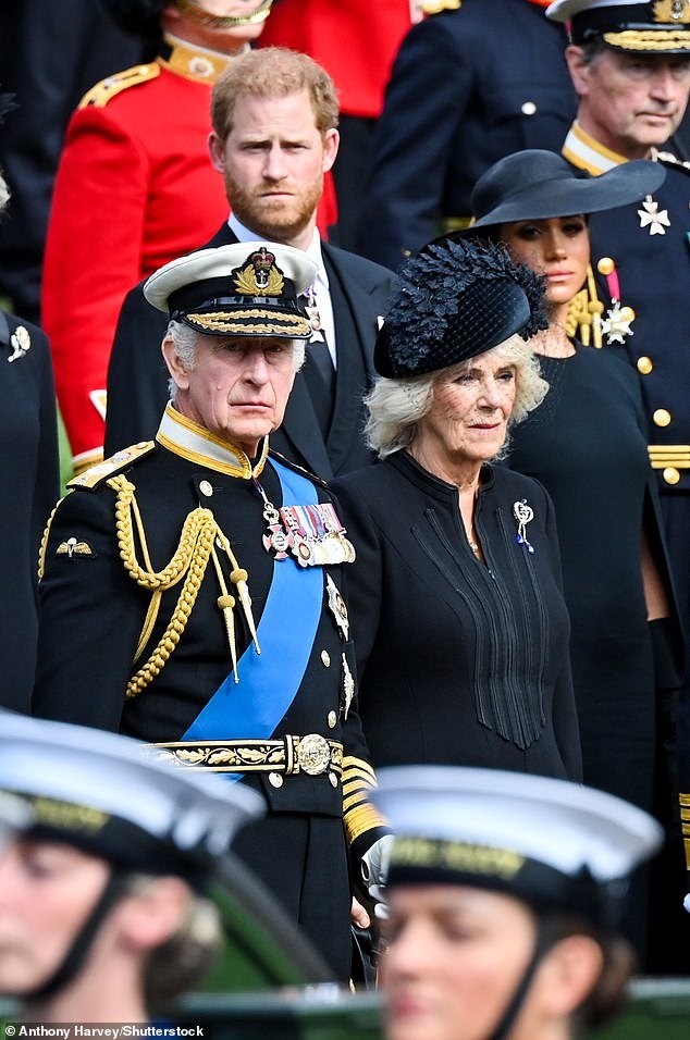 King Charles II and Camilla Queen Consort with Prince Harry and Meghan, Duchess of Sussex, Her Majesty The Queen's State Funeral