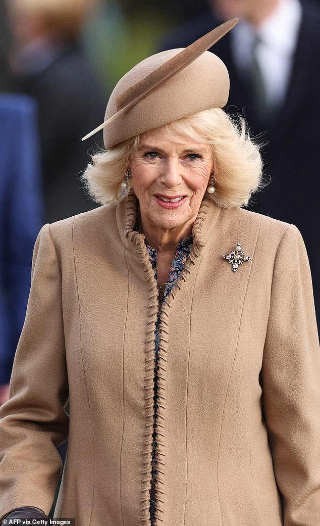 Queen Camilla greeted about 1,000 well-wishers outside the church on Monday