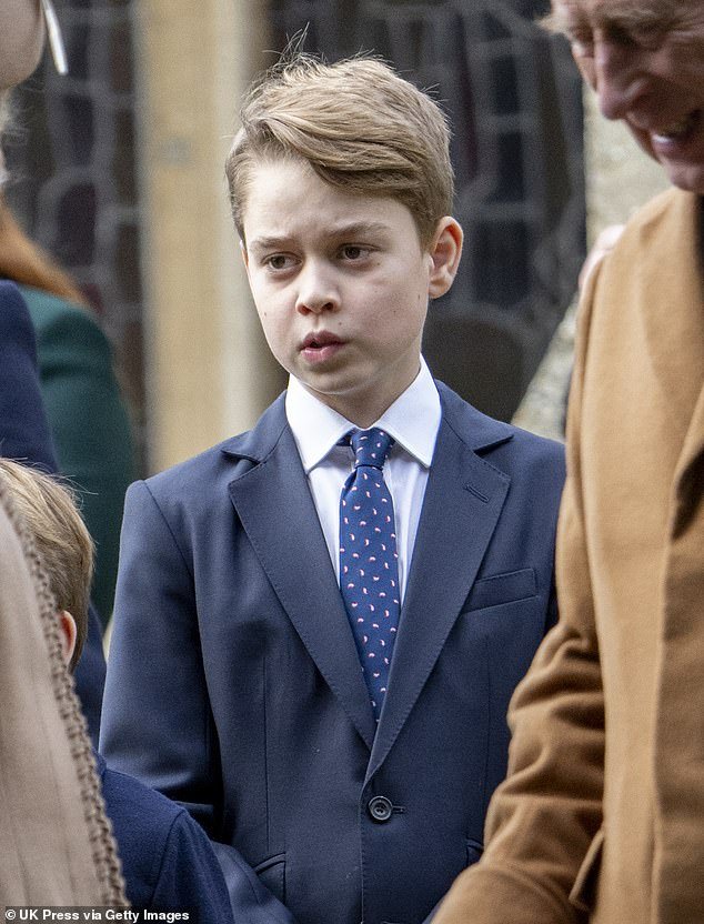 Prince George, wearing a navy blue suit, walked next to his sister