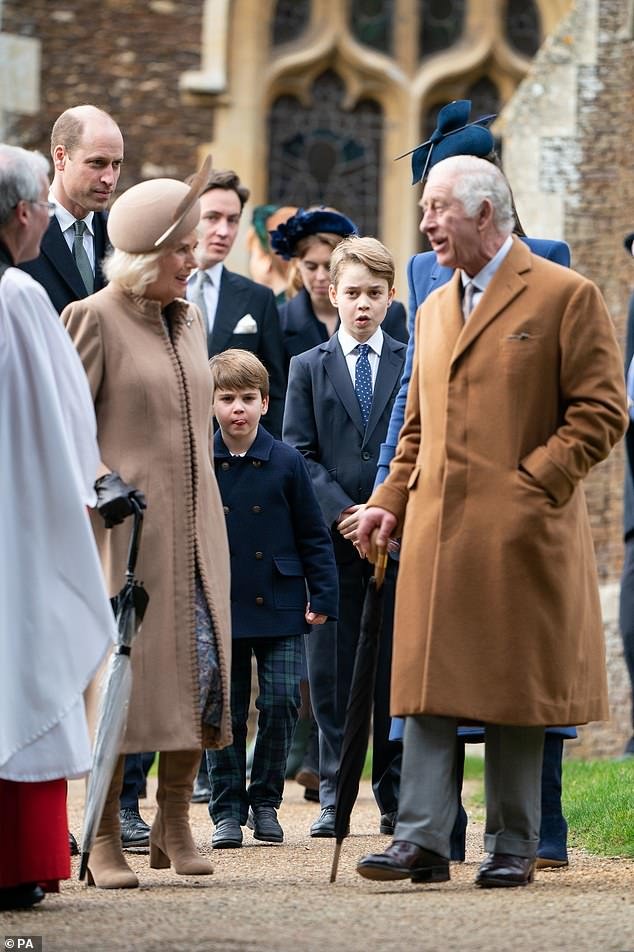 From left to right: Queen Camilla, Prince Louis, Prince George and King Charles attend the Christmas Day morning church service at St. Mary Magdalene Church in Sandringham